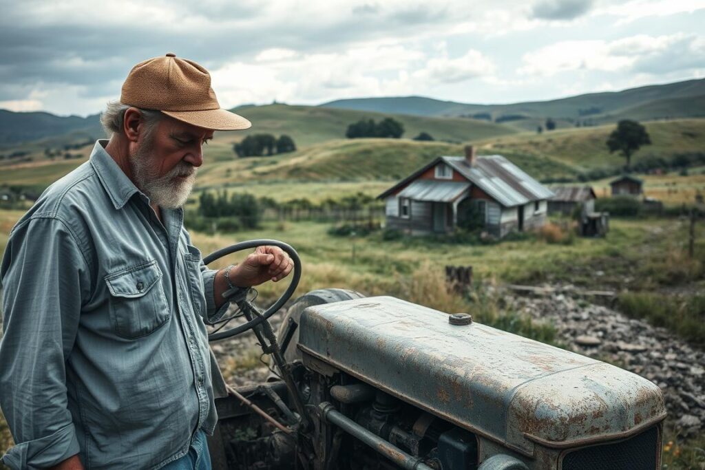 A rustic rural scene depicting the hidden costs of country life. In the foreground, a weathered farmer in modest casual clothing examines a broken tractor, showing signs of wear and tear. The middle ground features a small, dilapidated farmhouse with overgrown grass and unkempt gardens, hinting at maintenance challenges. In the background, rolling hills stretch under a cloudy sky, emphasizing a sense of isolation and the challenges of rural living. The lighting is soft, suggesting a late afternoon ambiance, casting gentle shadows that evoke a contemplative mood. The overall atmosphere is one of quiet struggle and hidden responsibilities, illustrating the unseen aspects of life in the countryside. A rustic rural scene depicting the hidden costs of country life. In the foreground, a weathered farmer in modest casual clothing examines a broken tractor, showing signs of wear and tear. The middle ground features a small, dilapidated farmhouse with overgrown grass and unkempt gardens, hinting at maintenance challenges. In the background, rolling hills stretch under a cloudy sky, emphasizing a sense of isolation and the challenges of rural living. The lighting is soft, suggesting a late afternoon ambiance, casting gentle shadows that evoke a contemplative mood. The overall atmosphere is one of quiet struggle and hidden responsibilities, illustrating the unseen aspects of life in the countryside.