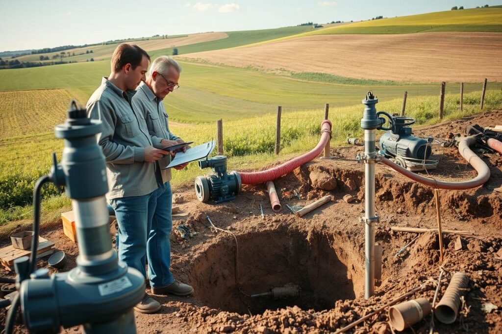 A scene depicting professionals working on an artesian well in a rural setting. In the foreground, two skilled technicians in modest casual clothing are examining equipment, such as a submersible pump and pipes. One technician is holding a clipboard, discussing technical details with the other. The middle ground includes a partially dug well, surrounded by tools and machinery, highlighting a rich, earthy palette of browns and greens. In the background, lush farmland stretches out with a clear blue sky. Soft, natural lighting gives the scene a warm, inviting atmosphere, capturing the essence of teamwork and expertise in well management. The camera angle is slightly elevated, providing a comprehensive view of the setting while focusing on the professionals at work. A scene depicting professionals working on an artesian well in a rural setting. In the foreground, two skilled technicians in modest casual clothing are examining equipment, such as a submersible pump and pipes. One technician is holding a clipboard, discussing technical details with the other. The middle ground includes a partially dug well, surrounded by tools and machinery, highlighting a rich, earthy palette of browns and greens. In the background, lush farmland stretches out with a clear blue sky. Soft, natural lighting gives the scene a warm, inviting atmosphere, capturing the essence of teamwork and expertise in well management. The camera angle is slightly elevated, providing a comprehensive view of the setting while focusing on the professionals at work.