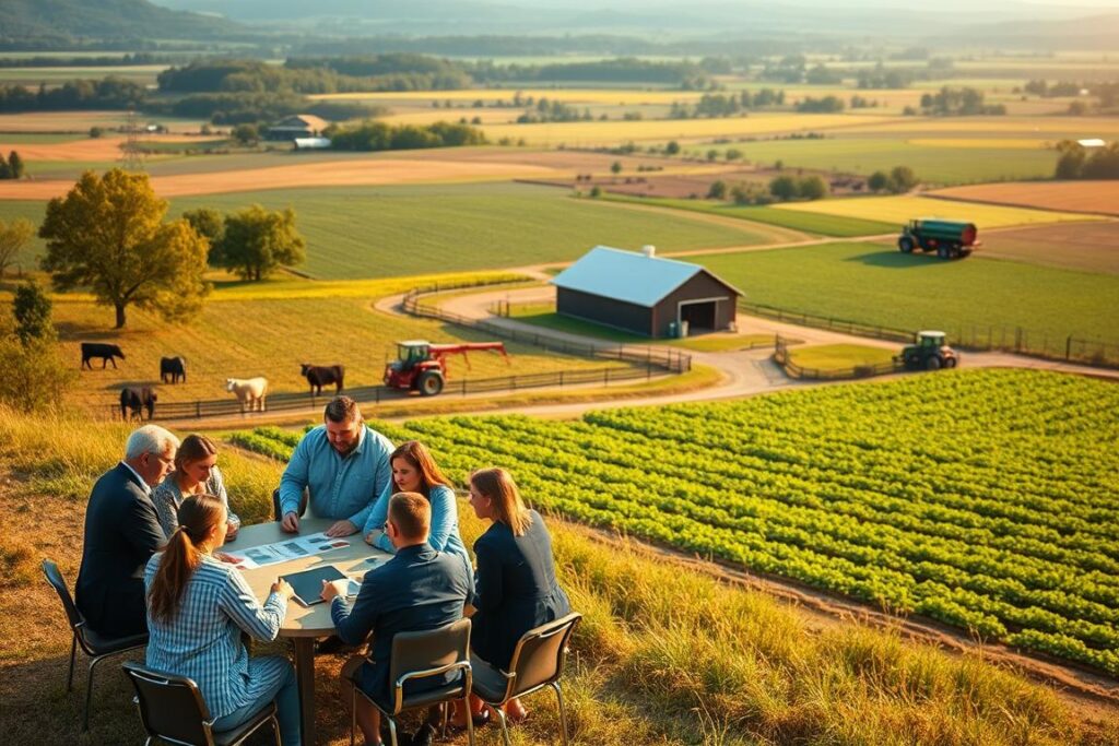A scenic rural property management setting, showcasing a diverse, well-maintained farm with crops, livestock, and modern farming equipment. In the foreground, a diverse group of professionals in business attire discusses land management strategies around a conference table set outdoors. In the middle ground, a team consults on a tablet, analyzing farm performance data with expansive fields in the background, which feature vibrant rows of crops and a healthy barn. Soft, warm daylight bathes the scene, enhancing the atmosphere of productive collaboration and professionalism. The perspective captures the entire landscape with a slight aerial view, emphasizing the connection between people and the land in a harmonious, optimistic mood.