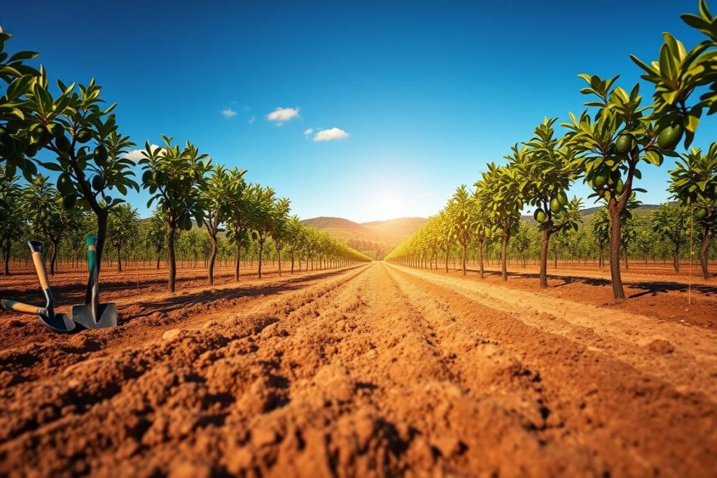 A serene agricultural landscape showcasing a well-prepared avocado orchard site. In the foreground, freshly tilled soil with gardening tools like shovels and rakes arranged neatly. The middle ground features young avocado saplings ready for planting, supported by neat rows marked with string. In the background, a bright blue sky framed by distant green hills and a few scattered clouds. The lighting is warm and natural, reminiscent of late afternoon sun, casting soft shadows. The atmosphere is calm and focused, implying a productive and inviting environment for cultivating avocados. Capture this scene with a wide-angle lens to emphasize depth and the expanse of land, without any human figures or additional elements.