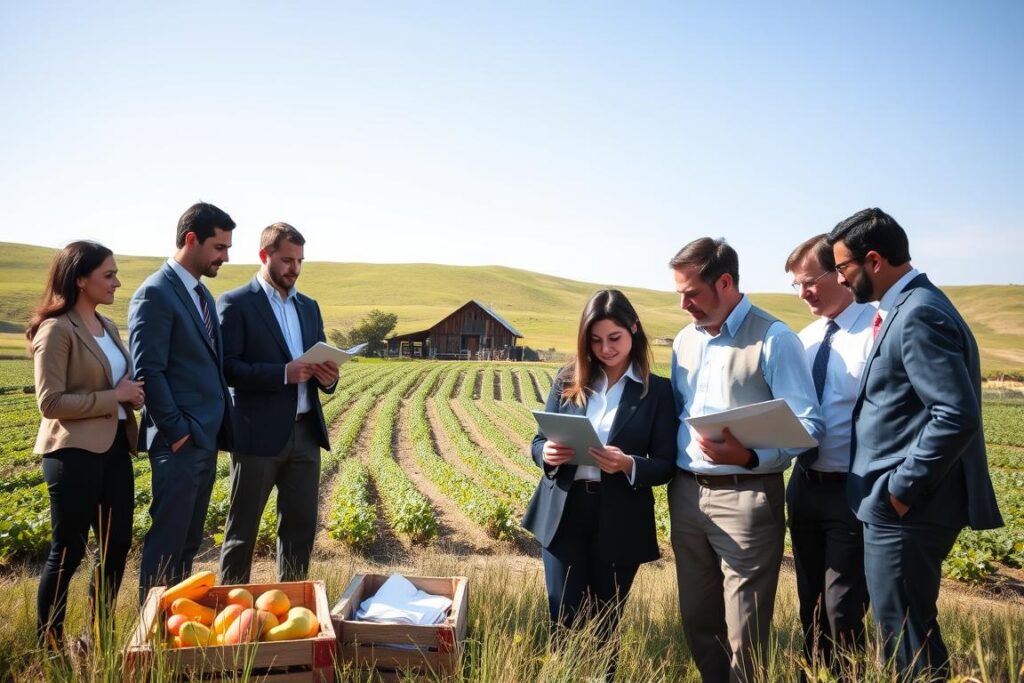 A serene agricultural landscape showcasing effective contract management and legal security in a rural setting. In the foreground, a diverse group of professionals, dressed in smart business attire, consult over a digital tablet. They are surrounded by documents and rustic elements like wooden crates filled with produce. In the middle ground, a flourishing small farm with rows of crops and a rustic barn symbolizes sustainable agriculture and economic growth. The background features gentle rolling hills under clear blue skies, enhancing the peaceful atmosphere. Soft, warm lighting bathes the scene, creating a polished yet inviting look, ideal for illustrating a section on legal and financial strategies in small-scale farming.