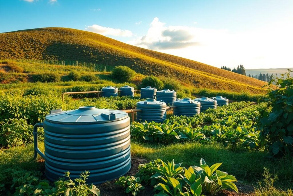 A serene landscape showcasing water reservoirs for a small property, nestled amidst lush greenery. In the foreground, a well-constructed rainwater harvesting tank, made of durable materials, sits prominently, reflecting the sunlight. The middle ground features an array of small cisterns, interconnected with pipes, surrounded by healthy plants and vegetables, symbolizing sustainable farming. The background displays a gentle sloping hill with a clear blue sky and soft, white clouds, suggesting a peaceful rural atmosphere. The lighting is warm and inviting, enhancing the vivid colors of nature. The scene is viewed from a slightly elevated angle, allowing a comprehensive perspective of the entire water collection system. Aim for a calm and inspiring mood, emphasizing the importance of sustainable water management in agriculture.