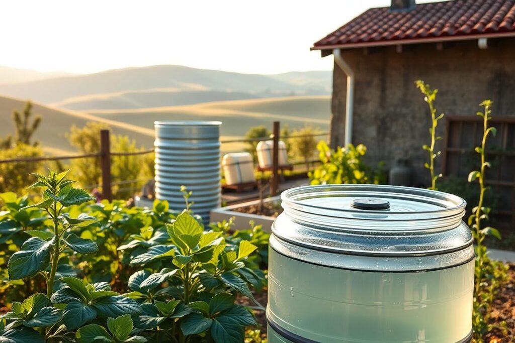 A serene outdoor scene depicting a small, efficient rainwater harvesting system in a rural property. In the foreground, clear water collected in a well-designed, clean rain barrel is visible, surrounded by lush green plants and a small vegetable garden. The middle ground features a sturdy, modern collection system with gutters leading from a rustic rooftop, demonstrating an eco-friendly design. In the background, gently rolling hills bathed in soft sunlight create a tranquil atmosphere. The scene captures the importance of water safety and quality for agricultural use, with an emphasis on sustainability and integrity. Use warm, natural lighting to evoke a sense of calm and reliability, capturing detailed textures of the plants and the rainwater system.