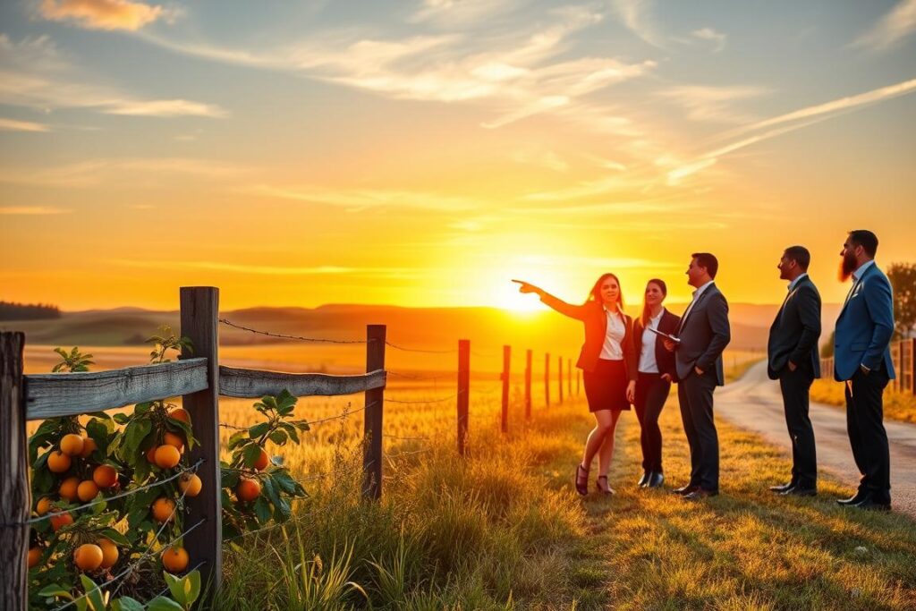 A serene rural landscape portraying effective strategies for monetizing fences and borders. In the foreground, a well-maintained wooden fence with various fruits and plants growing alongside, suggesting potential agricultural income. The middle ground features a diverse group of individuals in professional business attire, discussing innovative ideas while pointing towards the fence, representing teamwork and collaboration. In the background, a vibrant sunset casts warm golden hues over rolling hills and fields bordering a quiet road, creating an inviting atmosphere. The composition should be captured with a shallow depth of field, focusing on the individuals while slightly blurring the distant landscape. The overall mood is optimistic and inspiring, emphasizing creativity and opportunity in rural settings.