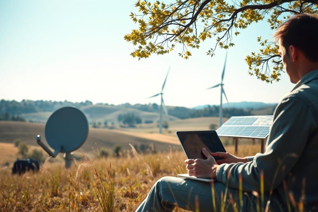 A serene rural landscape showcasing the integration of advanced technologies in life. In the foreground, a person in modest casual clothing works on a laptop while using a satellite dish, symbolizing connectivity through technologies like Starlink. In the middle ground, a modern wind turbine and solar panels reflect sustainable energy sources, enhancing the sense of innovation. The background features rolling hills under a bright blue sky, hinting at the natural beauty of the countryside. Soft, dappled sunlight filters through the trees, creating a warm and inviting atmosphere. The scene highlights a harmonious blend of technology and nature, illustrating the ability to stay connected and productive while enjoying rural life, focusing on a hopeful and inspiring mood. A serene rural landscape showcasing the integration of advanced technologies in life. In the foreground, a person in modest casual clothing works on a laptop while using a satellite dish, symbolizing connectivity through technologies like Starlink. In the middle ground, a modern wind turbine and solar panels reflect sustainable energy sources, enhancing the sense of innovation. The background features rolling hills under a bright blue sky, hinting at the natural beauty of the countryside. Soft, dappled sunlight filters through the trees, creating a warm and inviting atmosphere. The scene highlights a harmonious blend of technology and nature, illustrating the ability to stay connected and productive while enjoying rural life, focusing on a hopeful and inspiring mood.