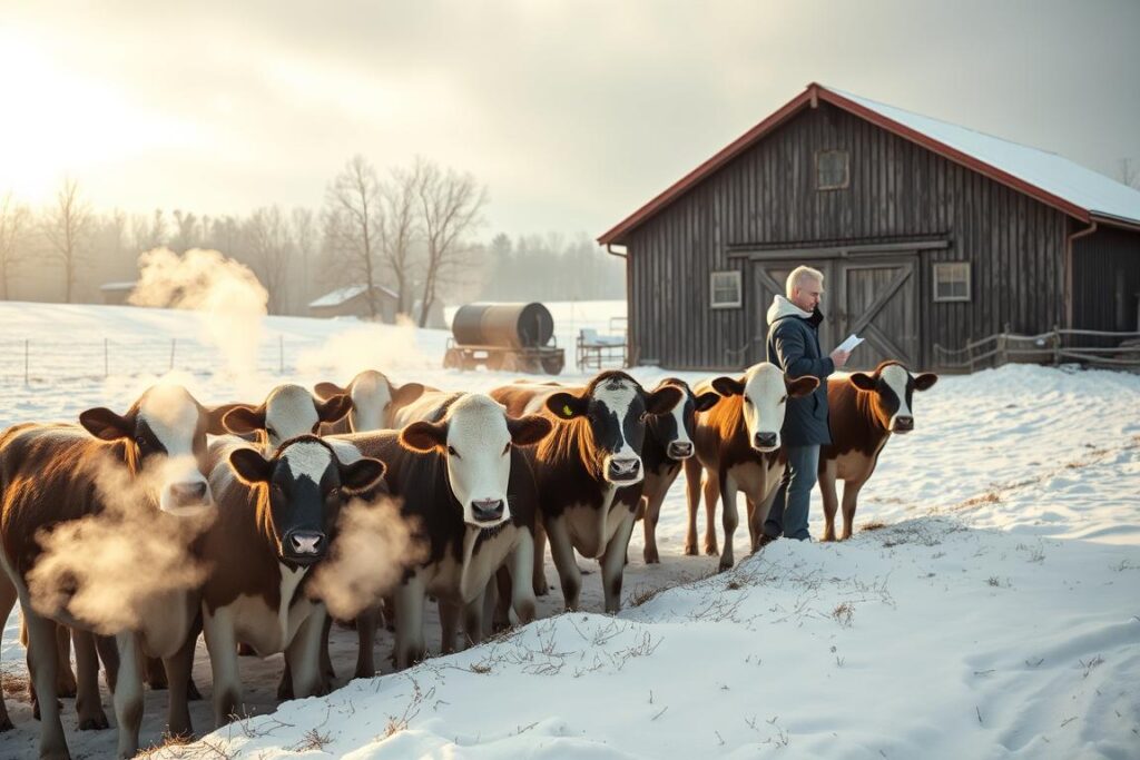 A serene winter landscape featuring a dairy farm struggling with low milk production due to the cold weather. In the foreground, a group of dairy cows huddles closely together, their breath visible in the chilly air. The midground includes a farmer in professional attire, inspecting feed quality, while a cozy barn stands in the background, with a warm glow emanating from the windows suggesting a nurturing environment. The scene is illuminated by soft, natural light streaming through overcast skies, casting gentle shadows on the snow-covered ground. The atmosphere conveys a sense of resilience and determination, with an emphasis on strategies for improving nutrition despite winter challenges. The composition captures the essence of winter farming, emphasizing the dedication to maintaining dairy production. A serene winter landscape featuring a dairy farm struggling with low milk production due to the cold weather. In the foreground, a group of dairy cows huddles closely together, their breath visible in the chilly air. The midground includes a farmer in professional attire, inspecting feed quality, while a cozy barn stands in the background, with a warm glow emanating from the windows suggesting a nurturing environment. The scene is illuminated by soft, natural light streaming through overcast skies, casting gentle shadows on the snow-covered ground. The atmosphere conveys a sense of resilience and determination, with an emphasis on strategies for improving nutrition despite winter challenges. The composition captures the essence of winter farming, emphasizing the dedication to maintaining dairy production.