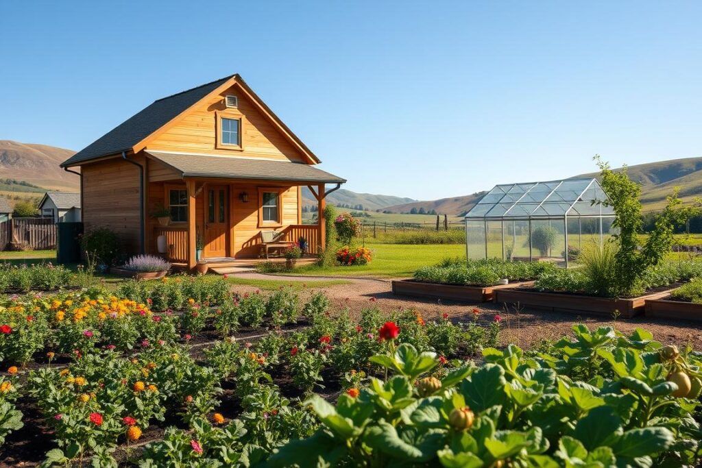A small, thriving rental property farm set in a picturesque landscape, covering two hectares. In the foreground, a well-maintained garden with a variety of vegetables and fruits, showcasing vibrant colors and healthy plants. The middle ground features a modest, charming cottage with a wooden porch, surrounded by flowers. A small greenhouse can be seen nearby, filled with seedlings. In the background, rolling hills and a clear blue sky create a serene atmosphere. Soft, warm sunlight illuminates the scene, casting gentle shadows, and giving it a welcoming feel. The image captures the essence of productivity and potential, highlighting the transformation of a small property into a lucrative business venture. The angle is slightly elevated, offering a comprehensive view of this flourishing microfarm.
