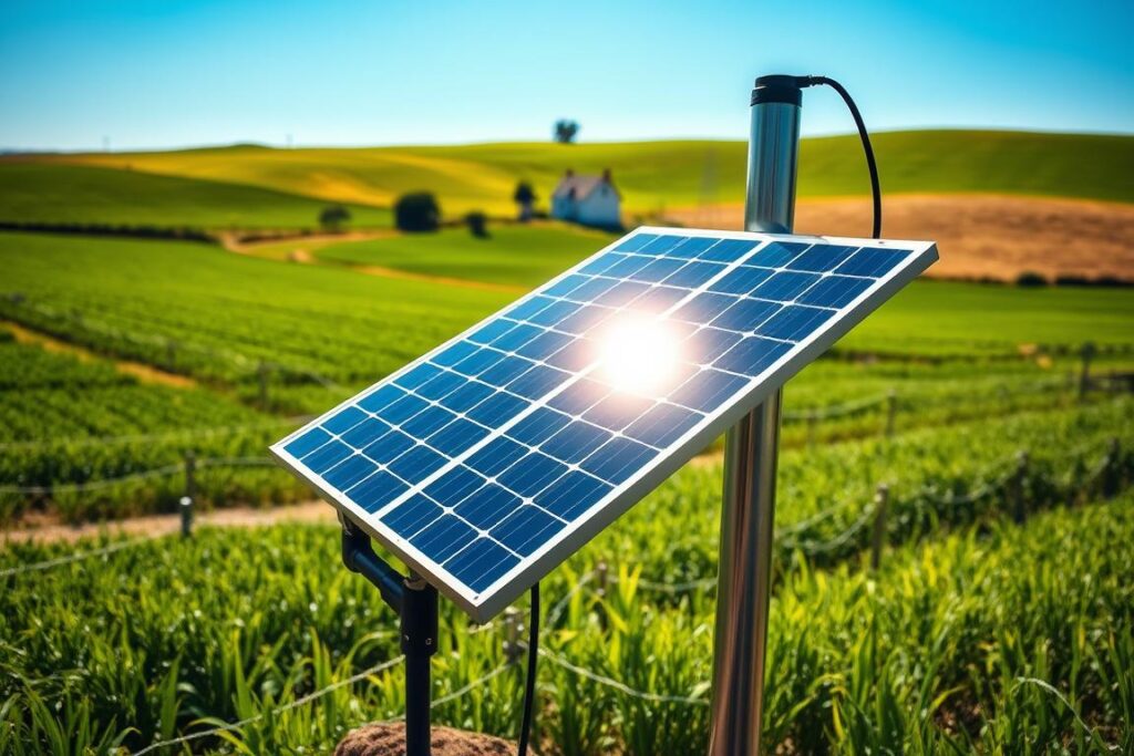 A solar-powered submersible pump for an artesian well, prominently displayed in the foreground, showcasing its sleek, modern design with solar panels gleaming under bright sunlight. Surrounding the pump, a picturesque rural landscape unfolds, featuring lush green fields and a clear blue sky, evoking a sense of sustainability and harmony with nature. In the middle ground, a small, idyllic farmhouse and a few scattered trees add to the bucolic charm, while in the background, gentle hills roll softly. The lighting is vivid, capturing the vibrant colors of the scene, with shadows reflecting the late afternoon sun. The overall mood is optimistic and serene, emphasizing the advantages and applications of solar pumps in rural settings. A solar-powered submersible pump for an artesian well, prominently displayed in the foreground, showcasing its sleek, modern design with solar panels gleaming under bright sunlight. Surrounding the pump, a picturesque rural landscape unfolds, featuring lush green fields and a clear blue sky, evoking a sense of sustainability and harmony with nature. In the middle ground, a small, idyllic farmhouse and a few scattered trees add to the bucolic charm, while in the background, gentle hills roll softly. The lighting is vivid, capturing the vibrant colors of the scene, with shadows reflecting the late afternoon sun. The overall mood is optimistic and serene, emphasizing the advantages and applications of solar pumps in rural settings.