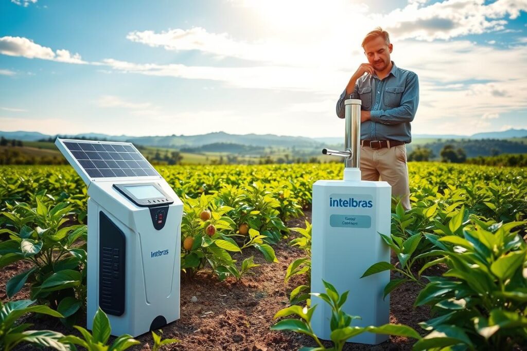 A solar-powered water pump system by Intelbras, prominently featured in the foreground with sleek, modern design elements. Surrounding the pump are lush, green passion fruit plants sprawling across a fertile field. In the background, a clear blue sky with soft, white clouds and sunlight casting warm, inspirational light on the scene. The setting showcases a rural landscape, with a distant view of rolling hills. To add a human touch, a farmer in professional attire, inspecting the pump, portrays confidence and expertise. The overall atmosphere should feel vibrant and productive, symbolizing innovation in agriculture and the important role of technology in supporting the rural producer.
