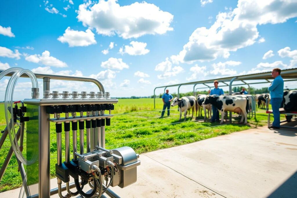 A spacious dairy farm setting featuring modern milking equipment prominently displayed in the foreground. Include a multi-cow milking machine designed for up to 30 cows, featuring stainless steel components and clear hoses. In the middle ground, show a well-maintained barn, with healthy cows being milked, and farmers in professional attire monitoring the process. The background showcases a green pasture under a bright blue sky with fluffy clouds, enhancing a sense of productivity and cleanliness. Use natural sunlight to illuminate the scene, casting soft shadows that add depth. The overall mood is informative and professional, suitable for an agricultural industry context, emphasizing the importance of proper equipment in dairy farming.