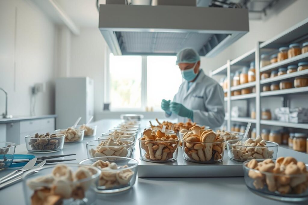 A sterile mushroom inoculation environment, featuring a clean, well-organized workspace. In the foreground, a table is adorned with glass petri dishes filled with various mushroom cultures, surrounded by sterilized tools like scalpels and inoculation loops. The middle ground includes a laminar flow hood that filters the air, showcasing a technician in professional attire, carefully transferring spores into the dishes using precise techniques. The background reveals shelves stocked with jars of nutrient-rich substrates and a bright, well-lit room with white walls and a window allowing natural light to enhance the clean and hygienic atmosphere. Soft, diffused lighting creates a focused yet inviting mood, emphasizing the meticulous and scientific nature of mushroom cultivation. A sterile mushroom inoculation environment, featuring a clean, well-organized workspace. In the foreground, a table is adorned with glass petri dishes filled with various mushroom cultures, surrounded by sterilized tools like scalpels and inoculation loops. The middle ground includes a laminar flow hood that filters the air, showcasing a technician in professional attire, carefully transferring spores into the dishes using precise techniques. The background reveals shelves stocked with jars of nutrient-rich substrates and a bright, well-lit room with white walls and a window allowing natural light to enhance the clean and hygienic atmosphere. Soft, diffused lighting creates a focused yet inviting mood, emphasizing the meticulous and scientific nature of mushroom cultivation.