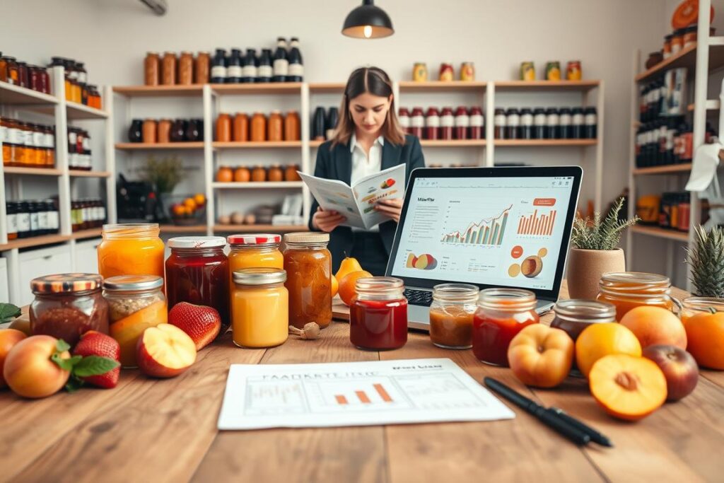 A stylish, well-organized workspace in a bright, airy room. In the foreground, a wooden table displays an array of colorful fruit jams, preserves, and compotes in elegant glass jars, with fresh fruits like strawberries, peaches, and oranges surrounding them. A modern laptop is open, showing marketing graphs and strategies on its screen. In the middle ground, a professional woman in business attire studies a marketing plan, surrounded by promotional materials like labels and brochures. The background features shelves filled with more jars and fruits, with soft, warm lighting highlighting the products. The atmosphere is vibrant and inviting, conveying creativity and artisanal quality in fruit processing. Capture this scene from an eye-level angle to emphasize the workspace.
