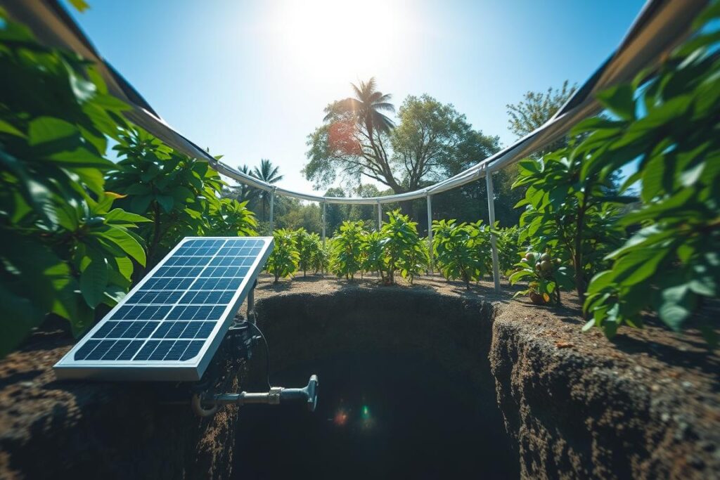 A subterranean scene showcasing a sophisticated solar pump specifically designed for irrigation. In the foreground, the solar pump should be depicted in sleek, modern design, with visible solar panels glistening under natural sunlight. The pump's features should include an integrated digital display and sturdy components that suggest durability, emphasizing its suitability for deep wells. In the middle ground, a 60-meter deep well is outlined, with clear water visible, reflecting the sky above. Lush passion fruit vines are seen around the well, indicating the pump's application. In the background, a bright blue sky transitions to gentle sunlight filtering through surrounding trees, creating an optimistic atmosphere. The composition should be taken from a slight low angle, providing an uplifting perspective on the agricultural technology.