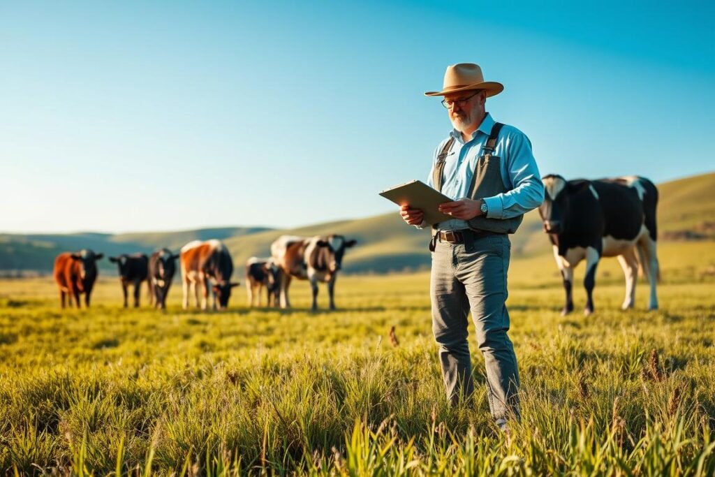 A tranquil pastoral scene depicting a healthy herd of cattle grazing in a lush green meadow, showcasing effective integrated management and rotation of active principles for livestock health. In the foreground, a group of cattle is calmly interacting, illustrating their robust condition. In the middle ground, a farmer in professional attire is examining a clipboard, symbolizing the monitoring of deworming schedules. The background features rolling hills and a clear blue sky, enhancing the serene atmosphere. Soft, natural lighting adds warmth to the scene, creating a sense of peace and productivity. A wide-angle view captures the expansive landscape, promoting the idea of sustainable practices in cattle farming. The overall mood is one of health, care, and efficient management.