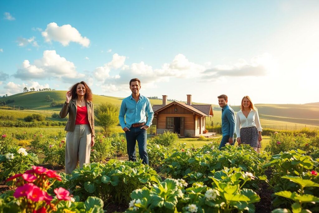 A tranquil rural scene depicting successful individuals thriving in a peaceful countryside setting. In the foreground, a diverse group of three people, dressed in smart casual attire, are joyfully working together in a flourishing vegetable garden, showcasing their dedication and hard work. The middle ground features a well-maintained wooden cottage, surrounded by lush greenery and blooming flowers, symbolizing harmony with nature. In the background, rolling hills and a bright blue sky with soft, fluffy clouds create a serene atmosphere. The lighting is warm and inviting, casting gentle shadows that enhance the vibrant colors of the landscape. The overall mood is one of optimism, abundance, and a fulfilling life transformed through commitment and effort. A tranquil rural scene depicting successful individuals thriving in a peaceful countryside setting. In the foreground, a diverse group of three people, dressed in smart casual attire, are joyfully working together in a flourishing vegetable garden, showcasing their dedication and hard work. The middle ground features a well-maintained wooden cottage, surrounded by lush greenery and blooming flowers, symbolizing harmony with nature. In the background, rolling hills and a bright blue sky with soft, fluffy clouds create a serene atmosphere. The lighting is warm and inviting, casting gentle shadows that enhance the vibrant colors of the landscape. The overall mood is one of optimism, abundance, and a fulfilling life transformed through commitment and effort.