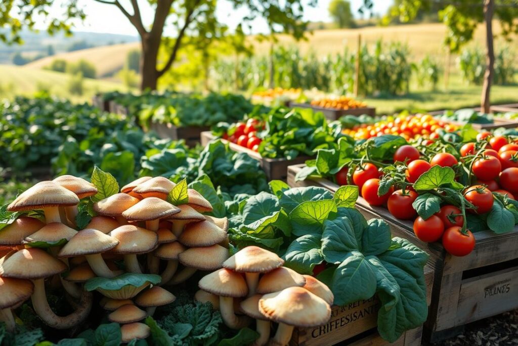 A vibrant agricultural scene showcasing a diverse companion planting setup, emphasizing gourmet mushrooms integrated with various crops. In the foreground, clusters of velvety oyster mushrooms flourish alongside leafy greens like kale and spinach, with bright red tomatoes trailing in the background. The middle ground features rustic wooden crates overflowing with freshly harvested produce, giving a sense of abundance. Soft, dappled sunlight filters through leafy trees creating a warm and inviting atmosphere. The background shows rolling hills with additional crops like corn and herbs, all thriving together. The image should evoke a sense of prosperity, cooperation, and sustainable farming practices, captured from a slightly elevated perspective to encompass the lush integration of these cultures. A vibrant agricultural scene showcasing a diverse companion planting setup, emphasizing gourmet mushrooms integrated with various crops. In the foreground, clusters of velvety oyster mushrooms flourish alongside leafy greens like kale and spinach, with bright red tomatoes trailing in the background. The middle ground features rustic wooden crates overflowing with freshly harvested produce, giving a sense of abundance. Soft, dappled sunlight filters through leafy trees creating a warm and inviting atmosphere. The background shows rolling hills with additional crops like corn and herbs, all thriving together. The image should evoke a sense of prosperity, cooperation, and sustainable farming practices, captured from a slightly elevated perspective to encompass the lush integration of these cultures.