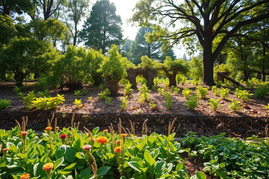 A vibrant agroforestry scene illustrating 