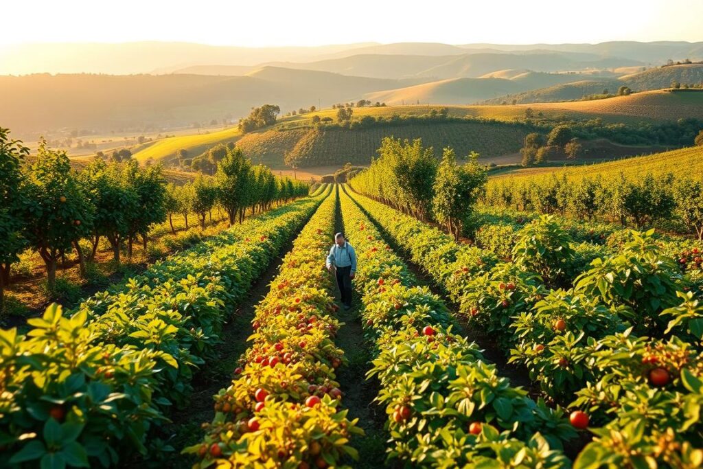 A vibrant agroforestry scene of staggered harvesting strategies in a lush, productive hectare. In the foreground, diverse rows of fruit-bearing trees and crops at varying stages of growth, creating a colorful tapestry of greens, yellows, and reds. The middle ground features a person in professional attire, attentively tending to the plants, embodying sustainable farming principles. In the background, a panoramic view of rolling hills, bathed in warm, golden sunlight, with a clear sky above. The atmosphere is serene and productive, reflecting a well-planned ecosystem. Soft focus on distant elements adds depth, while the warm lighting emphasizes the flourishing plants and rich textures.
