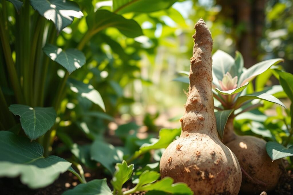 A vibrant and detailed close-up of yacon, sê-longa, and sálvia-esclaréia plants, showcasing their unique features. In the foreground, the yacon tubers are prominently displayed, their smooth, brown skin contrasting with the lush green leaves of the sê-longa plant. The sálvia-esclaréia has broad leaves with a silvery hue, adding a pop of color and texture. The middle ground features a soft-focus garden setting with natural light filtering through the leaves, creating dappled shadows on the ground. The background is blurred, hinting at other greenery, evoking a serene and tranquil atmosphere. The image should be bright and inviting, capturing the essence of these underappreciated plants that promote nutrition and well-being.
