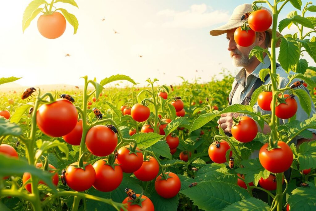 A vibrant and detailed depiction of biological pest control in action within a lush tomato field. In the foreground, illustrate a diverse array of beneficial insects, such as ladybugs and lacewings, interacting harmoniously with healthy tomato plants bearing ripe fruit. In the middle ground, show a farmer in modest casual clothing inspecting the plants with a thoughtful expression, emphasizing sustainable practices. The background features a clear sky with soft sunlight filtering through, creating a warm and inviting atmosphere. Use a slightly tilted angle to capture depth, and enhance the scene with rich greens and warm reds to convey vitality. The overall mood should reflect harmony between nature and agriculture, promoting a sustainable approach to pest management. A vibrant and detailed depiction of biological pest control in action within a lush tomato field. In the foreground, illustrate a diverse array of beneficial insects, such as ladybugs and lacewings, interacting harmoniously with healthy tomato plants bearing ripe fruit. In the middle ground, show a farmer in modest casual clothing inspecting the plants with a thoughtful expression, emphasizing sustainable practices. The background features a clear sky with soft sunlight filtering through, creating a warm and inviting atmosphere. Use a slightly tilted angle to capture depth, and enhance the scene with rich greens and warm reds to convey vitality. The overall mood should reflect harmony between nature and agriculture, promoting a sustainable approach to pest management.