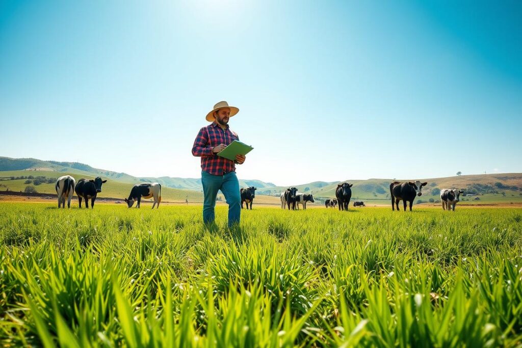A vibrant and lush pasture of Mombaça grass being managed through rotational grazing. In the foreground, healthy green clumps of Mombaça grass are interspersed with grazing dairy cows, representing a thriving ecosystem. In the middle ground, a professional farmer in a plaid shirt and straw hat inspects the grass with a clipboard, showcasing careful management. The background features rolling hills under a clear blue sky, with soft sunlight illuminating the scene, creating a warm and inviting atmosphere. The perspective is slightly low angle, emphasizing the height of the grass and the farmer's engagement with the pasture. The image conveys a sense of productivity and natural vitality, highlighting the importance of effective grazing practices.