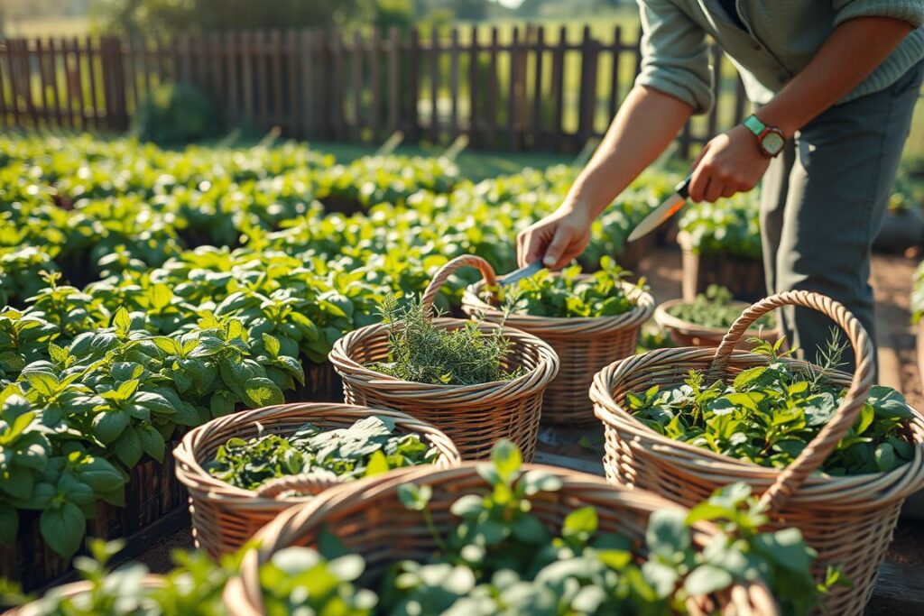 A vibrant and meticulously organized scene of fresh herb harvesting, showcasing an array of vibrant green basil, mint, and rosemary plants in neatly arranged rows. In the foreground, a skilled farmer dressed in modest casual clothing gently cuts herbs with precision, using a sharp knife. The middle ground features wicker baskets filled with freshly harvested herbs, demonstrating the emphasis on quality and standardization. In the background, a lush garden surrounded by wooden fencing bathed in soft morning sunlight creates a warm, inviting atmosphere. A shallow depth of field focuses on the meticulous process of herb collection while maintaining a serene, professional ambiance throughout the scene.
