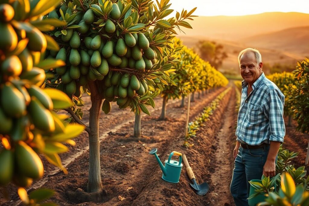 A vibrant avocado farm scene during the golden hour, showcasing lush rows of flourishing Hass avocado trees laden with ripe green avocados. In the foreground, a farmer in smart casual clothing inspects a healthy tree, surrounded by fresh soil and farm tools like a spade and watering can. The middle ground features a gently sloping landscape with additional avocado trees, creating a sense of depth and continuity. The background is filled with rolling hills under a soft, warm sunset, highlighting the tranquil rural atmosphere. The overall mood is optimistic and productive, inviting viewers to envision the success of a future harvest. The lighting should be soft and warm, resembling late afternoon sun, with a slight focus on the farmer’s engaged expression.