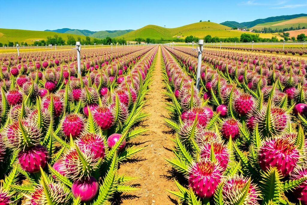 A vibrant, detailed landscape of a commercial pitaya orchard, showcasing the ideal spacing between rows of pitaya plants. In the foreground, healthy pitaya plants with their distinctive spiky green stems and bright pink fruits are neatly arranged, demonstrating the optimal planting density. The middle ground features a row of well-maintained irrigation systems, hinting at the necessary equipment for successful cultivation. In the background, rolling hills and a clear blue sky provide a serene atmosphere, emphasizing the ideal growing conditions. Soft, natural lighting casts gentle shadows, creating depth. The angle should be slightly elevated to showcase the layout of the orchard effectively, evoking a sense of professionalism and agricultural diligence. A vibrant, detailed landscape of a commercial pitaya orchard, showcasing the ideal spacing between rows of pitaya plants. In the foreground, healthy pitaya plants with their distinctive spiky green stems and bright pink fruits are neatly arranged, demonstrating the optimal planting density. The middle ground features a row of well-maintained irrigation systems, hinting at the necessary equipment for successful cultivation. In the background, rolling hills and a clear blue sky provide a serene atmosphere, emphasizing the ideal growing conditions. Soft, natural lighting casts gentle shadows, creating depth. The angle should be slightly elevated to showcase the layout of the orchard effectively, evoking a sense of professionalism and agricultural diligence.
