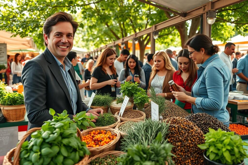 A vibrant marketplace scene showcasing the recurring sale of fresh herbs and spices, focusing on a well-organized stall. In the foreground, a vendor dressed in professional casual attire is cheerfully displaying baskets of vibrant green basil, fragrant rosemary, and colorful peppercorns. The middle ground features delighted customers engaging with the vendor, examining the fresh produce, and sampling products. The background captures a lively market atmosphere with sun-dappled light filtering through leafy trees, creating a warm and inviting ambiance. Use a slightly elevated angle to capture the entire scene, emphasizing the interaction between the vendor and customers. The mood is one of community, freshness, and trust, reflecting successful customer loyalty strategies in a premium fresh herb business.