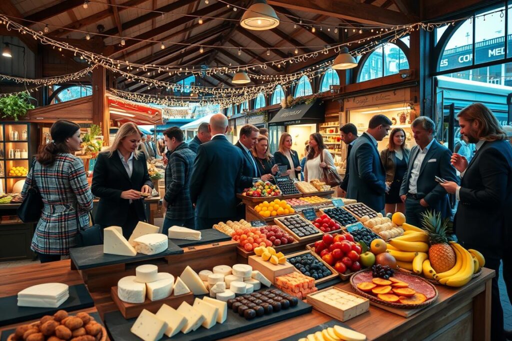 A vibrant marketplace showcasing gourmet products. In the foreground, a beautifully arranged wooden stall features an array of artisanal cheeses, premium chocolates, and organic fruits, all elegantly displayed on slate platters. In the middle ground, diverse customers in professional attire engage with vendors, showing interest and appreciation for the quality of the products. The background reveals a charming market scene with decorative string lights illuminating the area, creating a warm and inviting atmosphere. Soft, golden hour lighting enhances the richness of the colors, bringing out the textures of the gourmet items. The image conveys a sense of sophistication, quality, and the allure of the gourmet market.