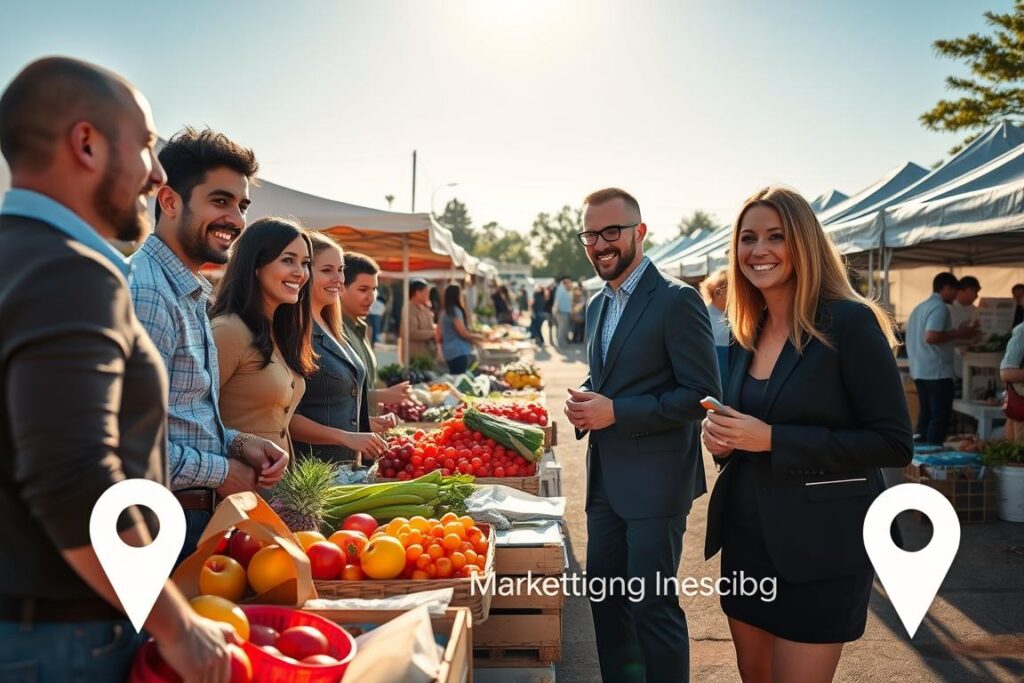 A vibrant outdoor market scene showcasing local goods and produce. In the foreground, a diverse group of smiling individuals in business casual attire engage with potential customers, promoting their weekly buying club. The middle ground features colorful stalls laden with fresh fruits, vegetables, and handmade products, emphasizing community and local sourcing. In the background, a clear blue sky is illuminated by soft, warm sunlight, creating an inviting atmosphere. Incorporate subtle geolocation markers or hints, like small location pins or maps, to signify localized marketing strategies. The angle should be slightly elevated to capture the hustle and bustle of the market while keeping the focus on the interaction between sellers and buyers. The overall mood should be energetic, optimistic, and community-focused.