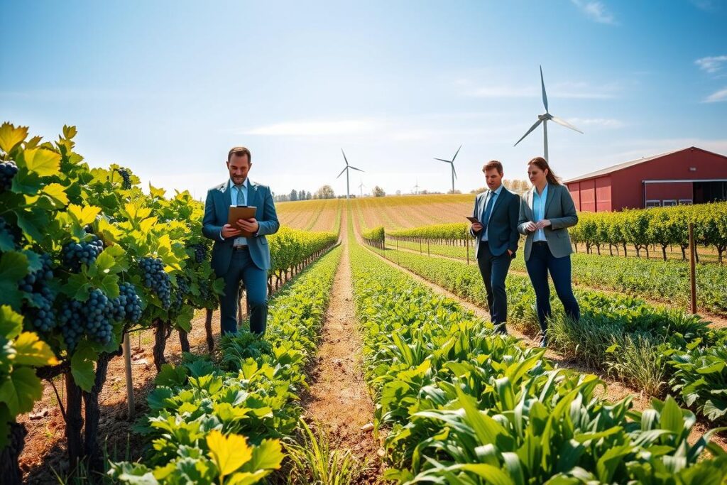 A vibrant, picturesque rural landscape showcasing successful agriculture in action. In the foreground, a diverse group of four individuals in professional business attire stands confidently in a fruitful vineyard, examining lush grape clusters. One holds a clipboard, indicating planning and progress, while others examine the plants, symbolizing teamwork and dedication. The middle of the scene features neatly arranged plots of crops, including corn, wheat, and organic vegetables, thriving under a bright blue sky. In the background, a modern barn and wind turbine reflect sustainable farming practices. The lighting is warm and inviting, highlighting the vivid colors of the crops and the clear skies. The atmosphere conveys optimism, growth, and the spirit of success in agribusiness.
