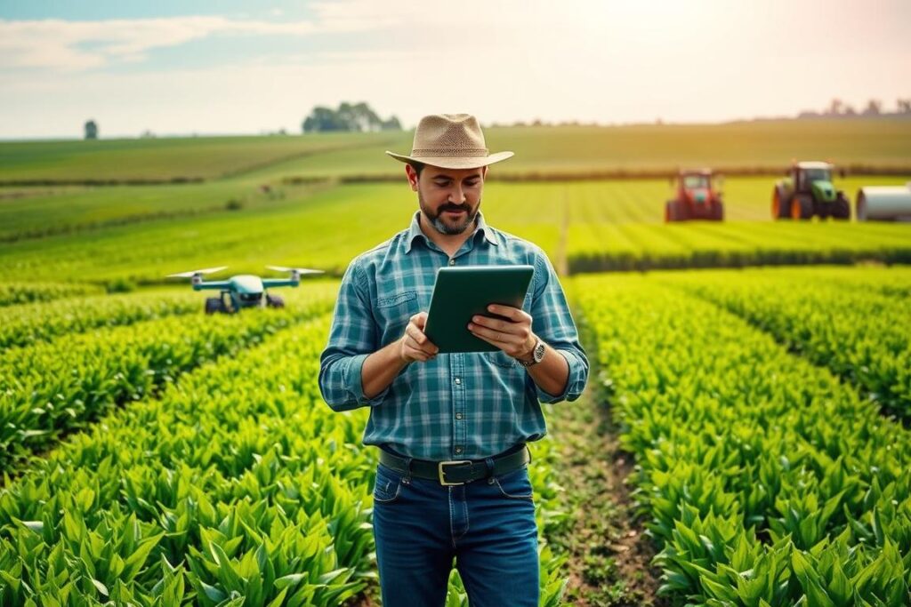 A vibrant rural landscape showcasing a modern agricultural setting. In the foreground, a farmer wearing professional casual attire confidently inspects a digital tablet, symbolizing tech-savvy management. Lush green fields stretch out to the sides, dotted with thriving crops, depicting the essence of sustainable farming. In the middle ground, sleek farming machinery such as tractors and drones demonstrate innovation in agriculture. The background features a clear blue sky with soft, warm sunlight illuminating the scene, creating an optimistic and forward-thinking atmosphere. The composition suggests a harmonious blend of tradition and modernity in agriculture, focusing on the importance of brand management in the rural sector.