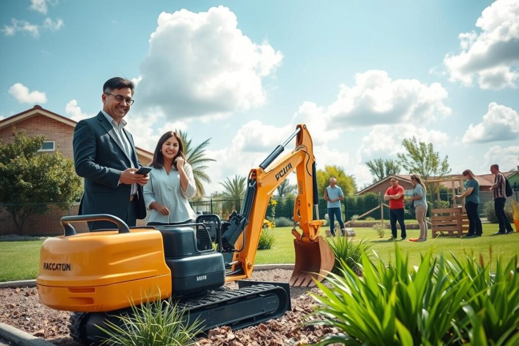 A vibrant scene depicting a diverse group of professionals offering various services for generating income for others. In the foreground, a friendly man in business attire inspects a mini excavator parked beside a landscaped garden, symbolizing construction services. Beside him, a woman in modest casual clothing demonstrates how to operate the machinery, exuding confidence and expertise. The middle ground showcases individuals in similar attire collaborating on small projects, such as gardening and landscaping. In the background, a sunny sky with fluffy clouds sets a positive mood, while green trees and a fenced property hint at a thriving small estate. The overall atmosphere conveys a sense of teamwork, growth, and opportunity, with natural lighting accentuating the vibrant colors of the setting. Use a wide-angle lens to capture the whole scene with depth and clarity.