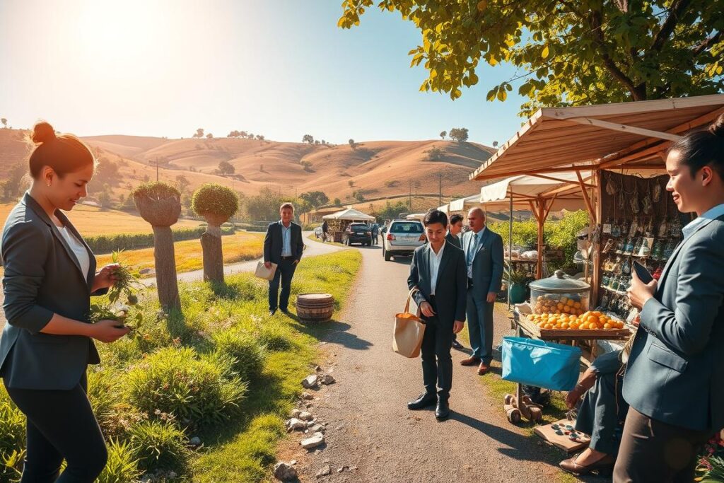 A vibrant scene depicting creative ways to earn money by exploring natural resources. In the foreground, a diverse group of individuals in professional business attire are engaged in activities such as gathering wild herbs, picking fruits, and collecting stones along a lush roadside. The middle ground showcases a thriving community market, with stalls made of natural materials, displaying handmade crafts and organic products. The background features a sunlit landscape with rolling hills, dotted with trees and flowering plants, under a bright blue sky. The atmosphere is lively and optimistic, with warm sunlight casting soft shadows. Capture this with a wide-angle lens for a dynamic perspective that highlights both the people and the abundance of nature.