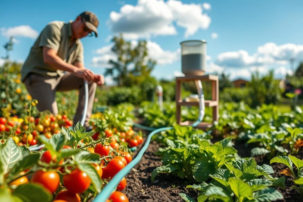 A vibrant vegetable garden featuring a low-cost gravity-fed drip irrigation system, focusing on the installation process. In the foreground, colorful rows of vegetables like tomatoes, peppers, and lettuce are visible, with a gardener in modest casual clothing carefully adjusting the drip tape. The middle ground showcases the watering setup, including PVC tubing and a simple reservoir filled with water at an elevated position. The background reveals a sunny day with blue skies and a few fluffy clouds over the greenery. The lighting is warm and natural, casting soft shadows across the garden. The atmosphere is peaceful and productive, emphasizing sustainability and cost-effectiveness in gardening practices. The image should not contain any text, annotations, or branding elements. A vibrant vegetable garden featuring a low-cost gravity-fed drip irrigation system, focusing on the installation process. In the foreground, colorful rows of vegetables like tomatoes, peppers, and lettuce are visible, with a gardener in modest casual clothing carefully adjusting the drip tape. The middle ground showcases the watering setup, including PVC tubing and a simple reservoir filled with water at an elevated position. The background reveals a sunny day with blue skies and a few fluffy clouds over the greenery. The lighting is warm and natural, casting soft shadows across the garden. The atmosphere is peaceful and productive, emphasizing sustainability and cost-effectiveness in gardening practices. The image should not contain any text, annotations, or branding elements.