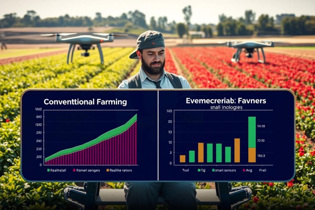 A visually striking comparison chart showcasing the exponential revenue potential for small farmers using advanced technologies. In the foreground, a modern, sleek chart/table presenting two sides: one illustrating conventional farming methods and the other highlighting innovative technologies. In the middle ground, a small farmer in professional attire, looking thoughtfully at a digital tablet displaying real-time data and graphs, symbolizing the integration of technology in agriculture. The background features a vibrant farm landscape with advanced equipment like drones and smart sensors, under a bright, clear sky. The scene is well-lit, with dynamic contrasts bringing focus to the farmer and the chart, creating an atmosphere of empowerment and innovation in agriculture. A visually striking comparison chart showcasing the exponential revenue potential for small farmers using advanced technologies. In the foreground, a modern, sleek chart/table presenting two sides: one illustrating conventional farming methods and the other highlighting innovative technologies. In the middle ground, a small farmer in professional attire, looking thoughtfully at a digital tablet displaying real-time data and graphs, symbolizing the integration of technology in agriculture. The background features a vibrant farm landscape with advanced equipment like drones and smart sensors, under a bright, clear sky. The scene is well-lit, with dynamic contrasts bringing focus to the farmer and the chart, creating an atmosphere of empowerment and innovation in agriculture.