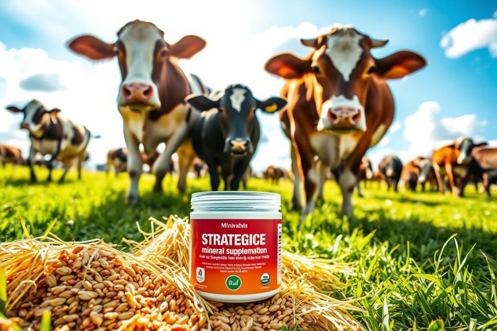 A visually striking composition showcasing a lush green pasture filled with healthy dairy cows, emphasizing their strong physique and productivity. In the foreground, a mineral supplement container labeled with vibrant colors, surrounded by grains and fresh hay, symbolizing strategic mineral supplementation. The middle ground features the cows grazing peacefully, with one cow curiously approaching the supplement container. In the background, a bright blue sky with fluffy white clouds creates an uplifting atmosphere, illuminated by soft, natural sunlight. The overall mood is one of vitality and health, highlighting the importance of mineral supplementation in enhancing milk production while maintaining a focus on cost-effectiveness. A visually striking composition showcasing a lush green pasture filled with healthy dairy cows, emphasizing their strong physique and productivity. In the foreground, a mineral supplement container labeled with vibrant colors, surrounded by grains and fresh hay, symbolizing strategic mineral supplementation. The middle ground features the cows grazing peacefully, with one cow curiously approaching the supplement container. In the background, a bright blue sky with fluffy white clouds creates an uplifting atmosphere, illuminated by soft, natural sunlight. The overall mood is one of vitality and health, highlighting the importance of mineral supplementation in enhancing milk production while maintaining a focus on cost-effectiveness.