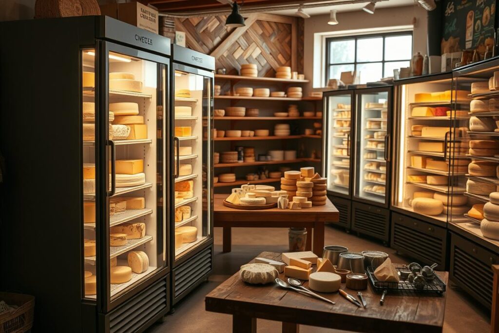 A well-equipped artisanal cheese refrigeration system, showcasing multiple stylish, transparent glass-front refrigerators filled with various types of cheese, including wheels, blocks, and artisanal molds. In the foreground, one refrigerator stands out, with the lights illuminating the cheeses, highlighting their textures and natural colors. In the middle ground, a wooden table displays cheese-making tools, such as molds and thermometers, emphasizing the craft. The background features a cozy, rustic cheese shop vibe with wooden shelves, additional cooling units, and natural light streaming through a window, casting soft shadows. The atmosphere is inviting and professional, underscoring the importance of temperature control in cheese making. Capture the image from a slightly elevated angle to provide a comprehensive view of the refrigeration and cheese display. A well-equipped artisanal cheese refrigeration system, showcasing multiple stylish, transparent glass-front refrigerators filled with various types of cheese, including wheels, blocks, and artisanal molds. In the foreground, one refrigerator stands out, with the lights illuminating the cheeses, highlighting their textures and natural colors. In the middle ground, a wooden table displays cheese-making tools, such as molds and thermometers, emphasizing the craft. The background features a cozy, rustic cheese shop vibe with wooden shelves, additional cooling units, and natural light streaming through a window, casting soft shadows. The atmosphere is inviting and professional, underscoring the importance of temperature control in cheese making. Capture the image from a slightly elevated angle to provide a comprehensive view of the refrigeration and cheese display.
