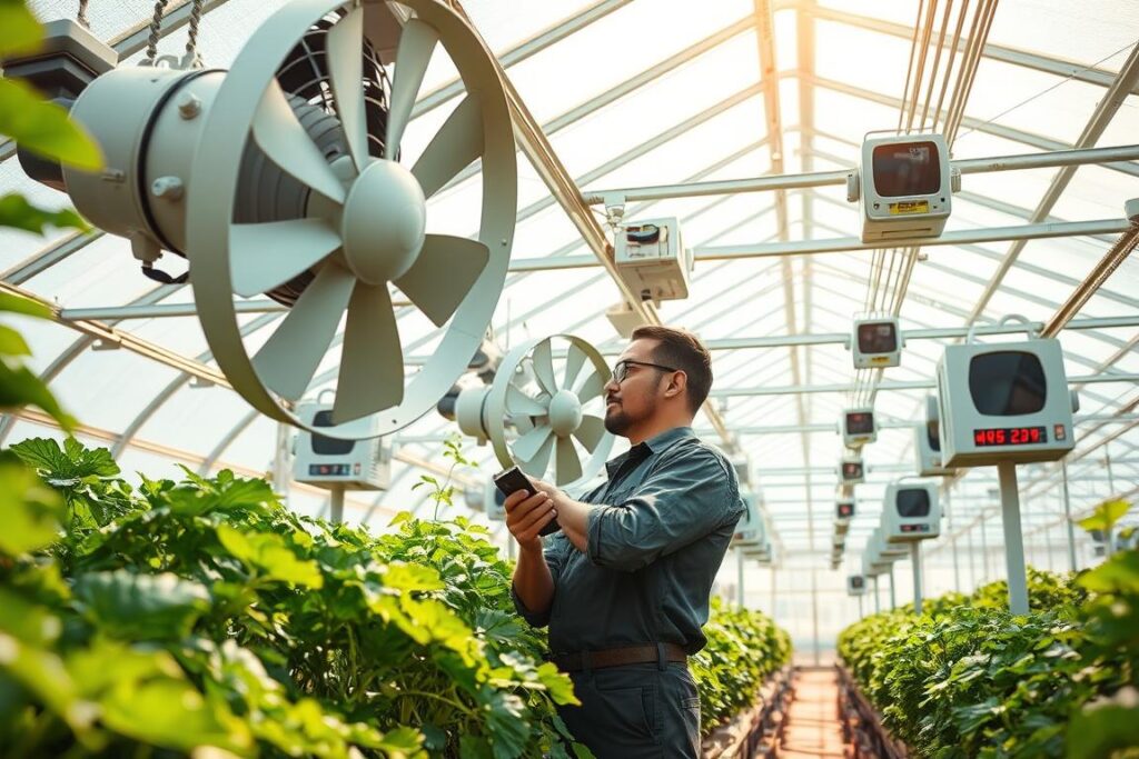 A well-lit greenhouse interior showcasing the maintenance of fans and security systems essential for optimal plant growth. In the foreground, a technician in professional attire carefully inspects a large ventilation fan, tools in hand, focused and attentive. In the middle, multiple fans are strategically placed, each connected to a control panel displaying readings of temperature and humidity, highlighting the importance of these systems. The background reveals rows of vibrant vegetable plants thriving under bright, natural light filtering through the glass roof. The atmosphere is calm and efficient, emphasizing safety and preventative maintenance. The angle captures the depth of the greenhouse, maximizing visual interest and clarity, with warm tones accentuating the lush greenery.