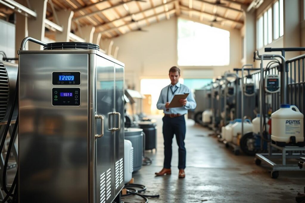 A well-organized dairy equipment setup in a bright, airy dairy farm environment. In the foreground, focus on a milk cooler unit, showcasing its sleek stainless-steel finish, cooling mechanisms, and digital temperature display. Surrounding the cooler, display additional essential dairy equipment such as milk transfer pumps, storage tanks, and cleaning solutions. In the middle ground, include a technician wearing professional attire, inspecting the equipment with a clipboard, emphasizing a thorough evaluation process. The background features an open barn space with ambient natural light filtering through large windows, casting soft shadows to create a serene and professional atmosphere. The overall mood should convey a sense of efficiency and thoroughness in dairy operations.