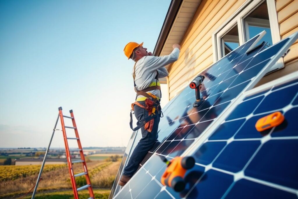 A well-organized outdoor scene depicting the installation of solar energy panels on a residential roof. In the foreground, a technician in professional attire carefully secures solar panels to the roof, showcasing safety gear like a hard hat and harness. In the middle ground, a ladder leans against the house, and tools such as a drill and solar panel connectors are neatly arranged. The background features a clear blue sky, symbolizing a bright future with renewable energy, while distant fields can be seen, hinting at the rural context. Soft, natural lighting enhances the scene, creating a sense of hope and efficiency. The overall atmosphere is focused, reflecting the importance of safety and compliance in installations.