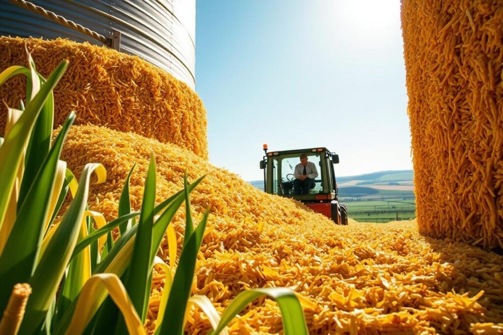 A well-structured silo filled with compacted corn silage, showcasing the correct compaction technique. In the foreground, freshly cut corn stalks are visible, demonstrating their vibrant green and yellow hues. In the middle ground, a farmer in professional attire operates a heavy machinery, expertly compacting the silage, embodying diligence and precision. The background features a clear blue sky and distant rolling hills, creating a serene agricultural landscape. Soft, golden sunlight bathes the scene, enhancing the textures of the silage and equipment. The atmosphere is industrious yet peaceful, illustrating the importance of proper compression in forage preservation and milk production. The image should evoke a sense of professionalism and effective agricultural practice.