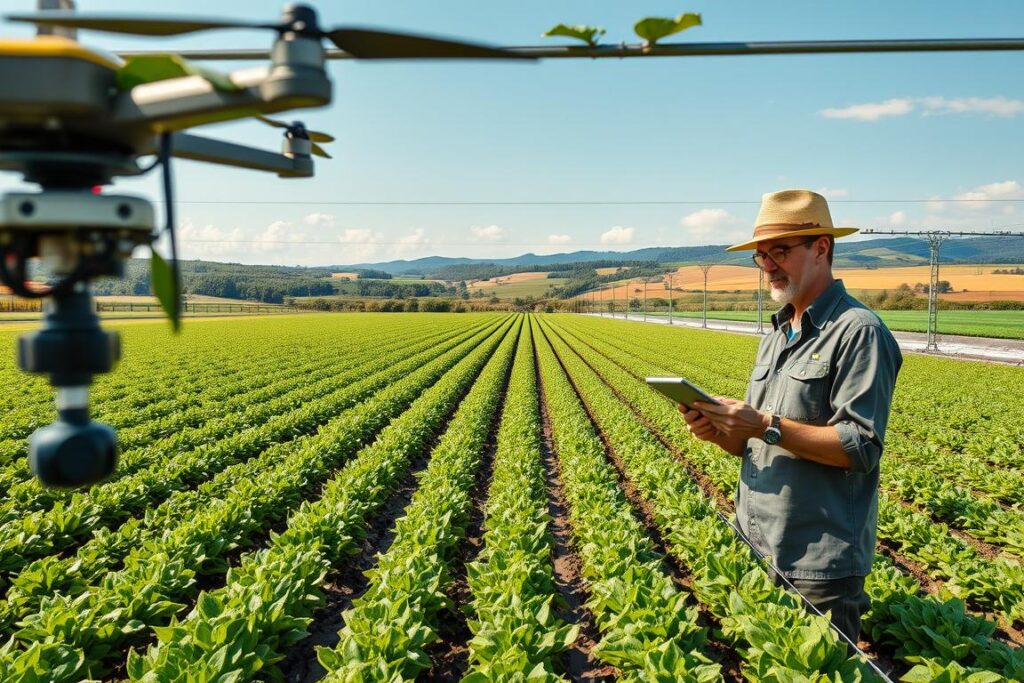 Aerial view of a small-scale precision agriculture farm covering 2 hectares, featuring neatly arranged rows of vibrant green crops and high-tech farming equipment, such as drones and soil sensors. In the foreground, a farmer in professional attire examines soil and crop health data on a tablet, showcasing modern farming practices. The middle ground displays advanced irrigation systems and precision planting techniques, while the background features lush landscapes and clear blue skies, enhancing the agricultural setting. Soft, natural lighting highlights the textures of the crops and machinery, creating an optimistic mood. The angle captures the integration of technology and sustainable farming in an intimate and inviting atmosphere, emphasizing efficiency and innovation in agriculture.