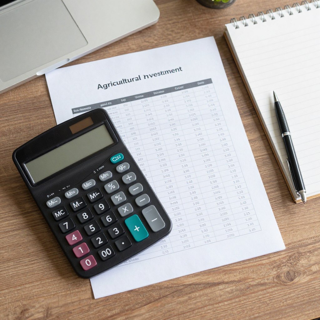 Calculadora e documentos financeiros para investimento em terra