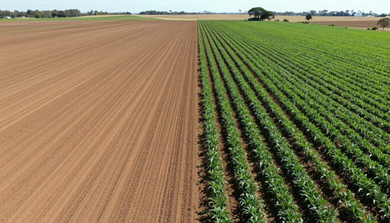 Comparação visual entre terra agrícola degradada e terra produtiva lado a lado