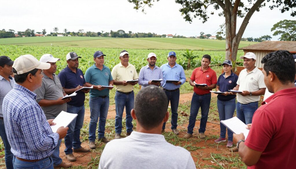 Dia de campo com produtores rurais recebendo capacitação técnica