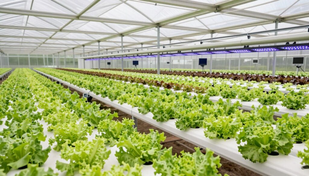 Estufa hidropônica moderna com produção intensiva de hortaliças folhosas