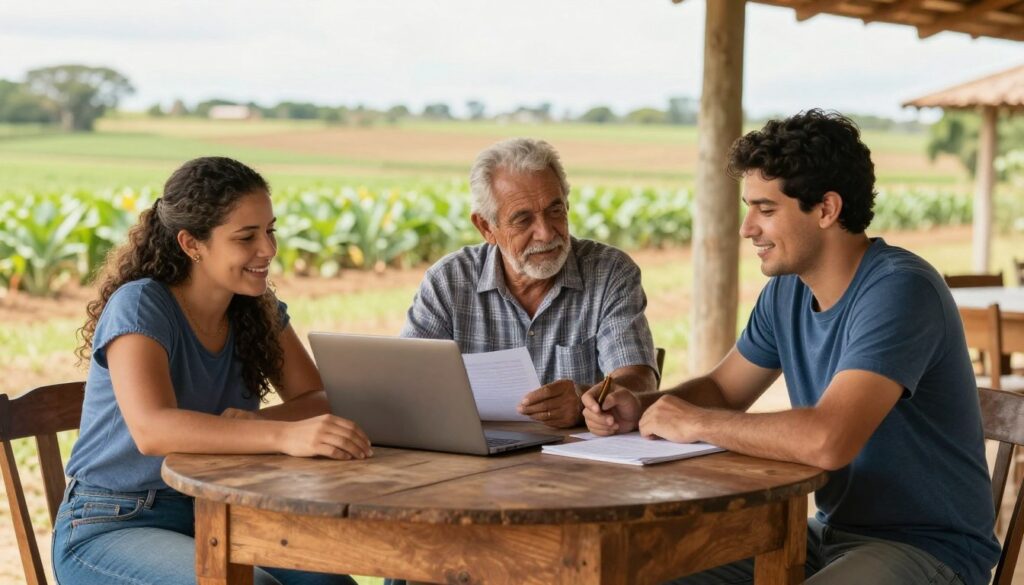 Família de agricultores planejando juntos o futuro da propriedade rural