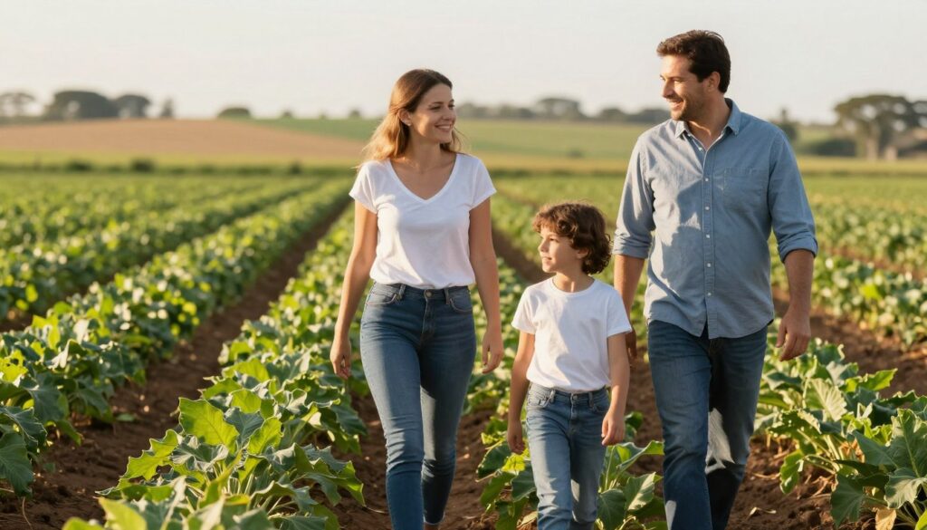 Família de investidores visitando propriedade agrícola produtiva